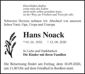 Traueranzeige von Hans Noack von Märkische Oderzeitung