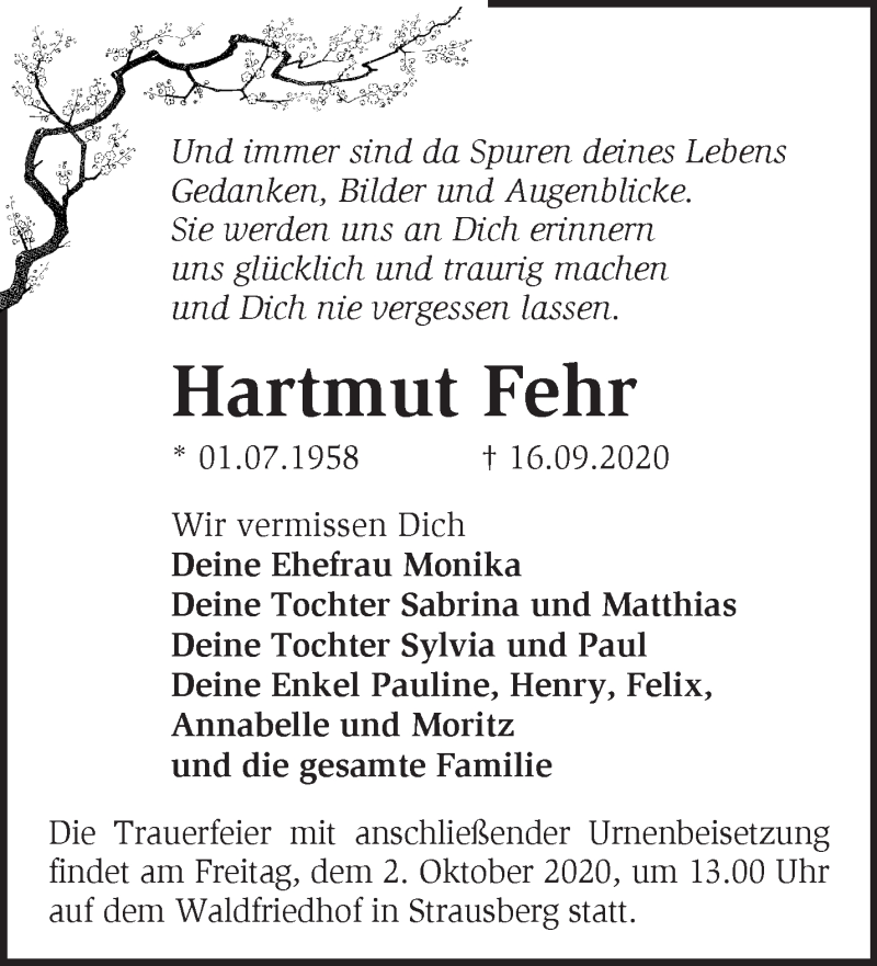  Traueranzeige für Hartmut Fehr vom 27.09.2020 aus Märkische Oderzeitung