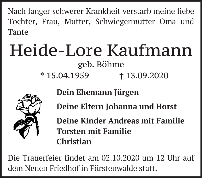  Traueranzeige für Heide-Lore Kaufmann vom 27.09.2020 aus Märkische Oderzeitung
