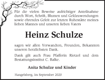 Traueranzeige von Heinz Schulze von Märkische Oderzeitung