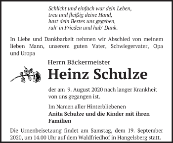 Traueranzeige von Heinz Schulze von Märkische Oderzeitung