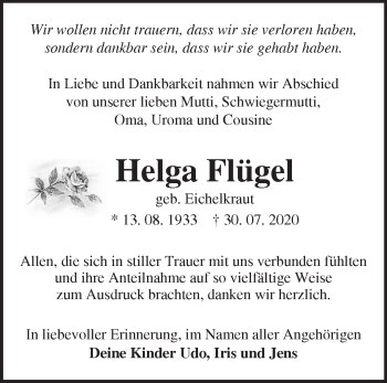 Traueranzeige von Helga Flügel von Märkische Oderzeitung