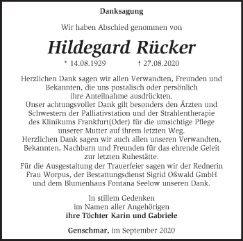 Traueranzeige von Hildegard Rücker von Märkische Oderzeitung