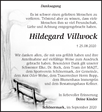 Traueranzeige von Hildegard Villwock von Märkische Oderzeitung