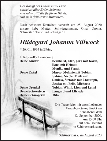 Traueranzeige von Hildegard Johanna Villwock von Märkische Oderzeitung