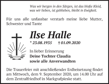 Traueranzeige von Ilse Halle von Märkische Oderzeitung