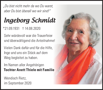 Traueranzeige von Ingeborg Schmidt von Märkische Oderzeitung