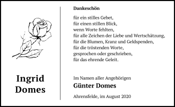 Traueranzeige von Ingrid Domes von Märkische Oderzeitung