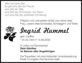 Traueranzeige von Ingrid Hummel von Märkische Oderzeitung