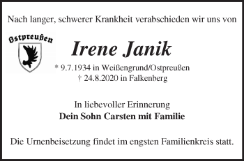 Traueranzeige von Irene Janik von Märkische Oderzeitung