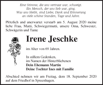 Traueranzeige von Irene Jeschke von Märkische Oderzeitung