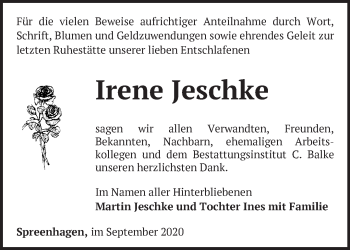 Traueranzeige von Irene Jeschke von Märkische Oderzeitung