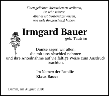 Traueranzeige von Irmgard Bauer von Märkische Oderzeitung