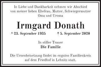 Traueranzeige von Irmgard Donath von Märkische Oderzeitung