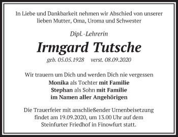 Traueranzeige von Irmgard Tutsche von Märkische Oderzeitung