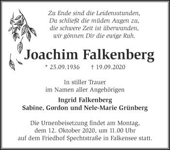 Traueranzeige von Joachim Falkenberg von Märkische Oderzeitung