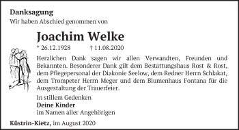 Traueranzeige von Joachim Welke von Märkische Oderzeitung