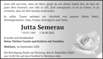 Traueranzeige von Jutta Semerau von Märkische Oderzeitung