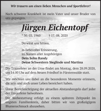 Traueranzeige von Jürgen Eichentopf von Märkische Oderzeitung