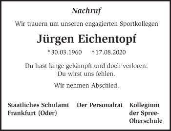 Traueranzeige von Jürgen Eichentopf von Märkische Oderzeitung