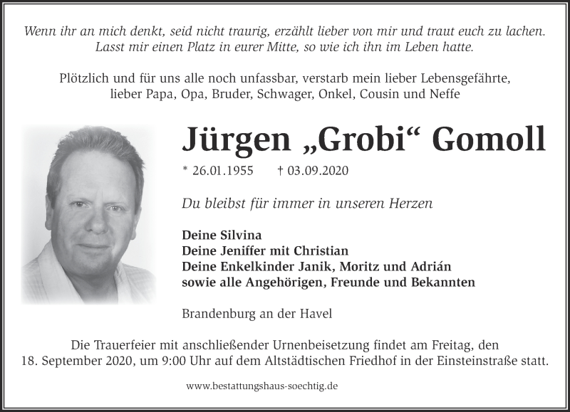  Traueranzeige für Jürgen  Gomoll vom 13.09.2020 aus Märkische Oderzeitung