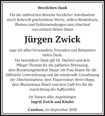 Traueranzeige von Jürgen Zwick von Märkische Oderzeitung