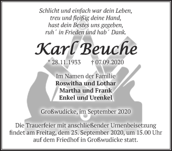 Traueranzeige von Karl Beuche von Märkische Oderzeitung