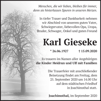 Traueranzeige von Karl Gieseke von Märkische Oderzeitung