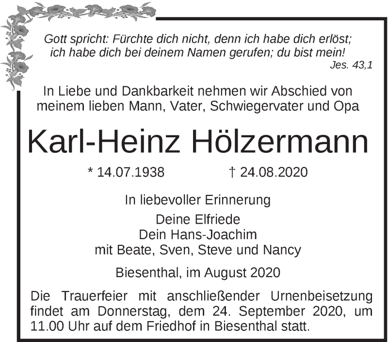  Traueranzeige für Karl-Heinz Hölzermann vom 06.09.2020 aus Märkische Oderzeitung