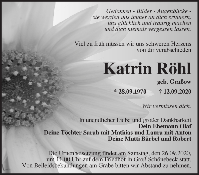  Traueranzeige für Katrin Röhl vom 19.09.2020 aus Märkische Oderzeitung