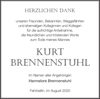 Traueranzeige von Kurt Brennenstuhl von Märkische Oderzeitung