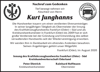 Traueranzeige von Kurt Junghanns von Märkische Oderzeitung