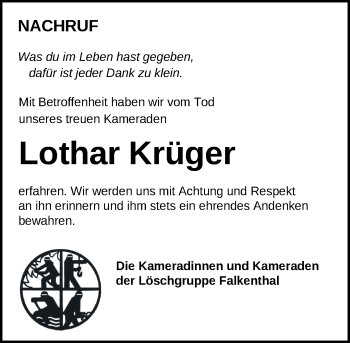 Traueranzeige von Lothar Krüger von Märkische Oderzeitung