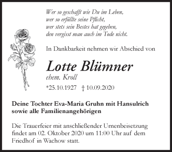 Traueranzeige von Lotte Blümner von Märkische Oderzeitung