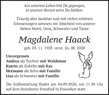 Traueranzeige von Magdalene Haack von Märkische Oderzeitung