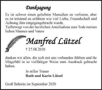 Traueranzeige von Manfred Lützel von Märkische Oderzeitung