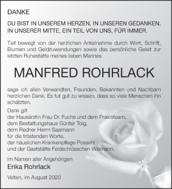 Traueranzeige von Manfred Rohrlack von Märkische Oderzeitung