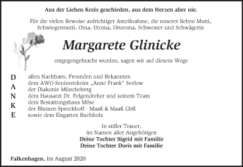 Traueranzeige von Margarete Glinicke von Märkische Oderzeitung