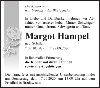 Traueranzeige von Margot Hampel von Märkische Oderzeitung