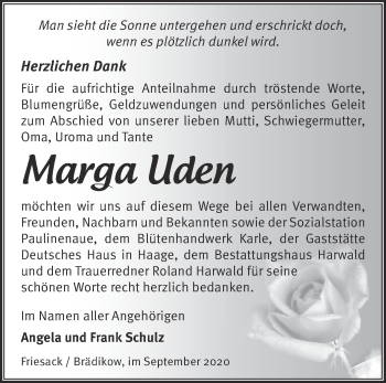 Traueranzeige von Maria Uden von Märkische Oderzeitung