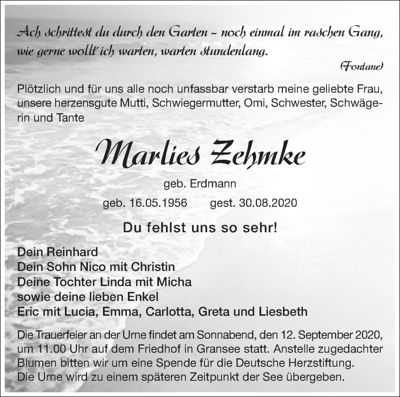  Traueranzeige für Marlies Zehmke vom 05.09.2020 aus Märkische Oderzeitung