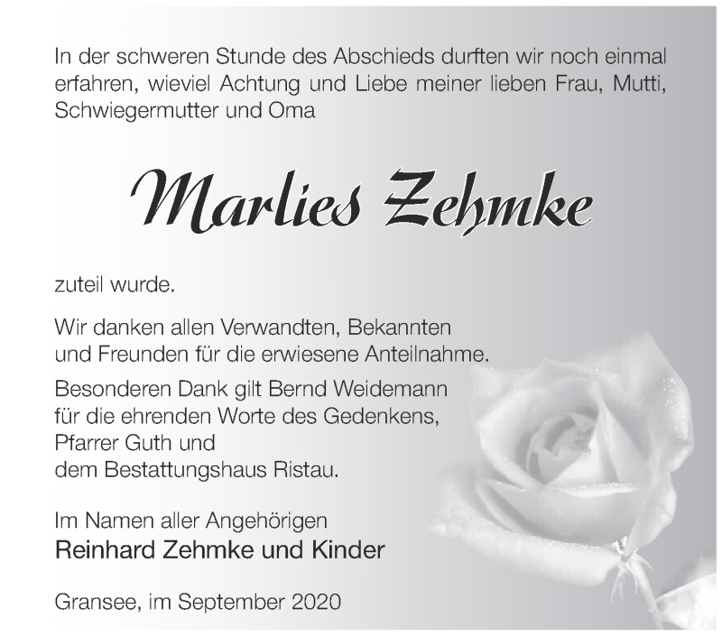  Traueranzeige für Marlies Zehmke vom 26.09.2020 aus Märkische Oderzeitung