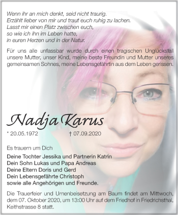 Traueranzeige von Nadja Karus von Märkische Oderzeitung