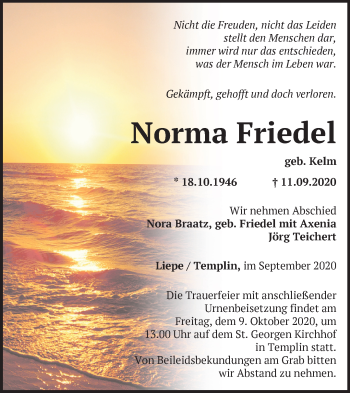 Traueranzeige von Norma Friedel von Märkische Oderzeitung