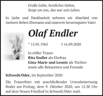 Traueranzeige von Olaf Endler von Märkische Oderzeitung