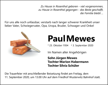 Traueranzeige von Paul Mewes von Märkische Oderzeitung