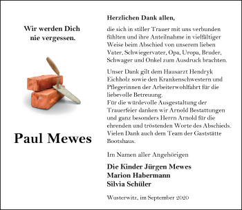 Traueranzeige von Paul Mewes von Märkische Oderzeitung