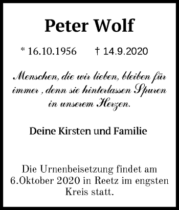 Traueranzeige von Peter Wolf von Märkische Oderzeitung