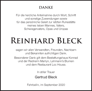 Traueranzeige von Reinhard Bleck von Märkische Oderzeitung