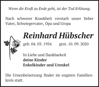 Traueranzeige von Reinhard Hübscher von Märkische Oderzeitung